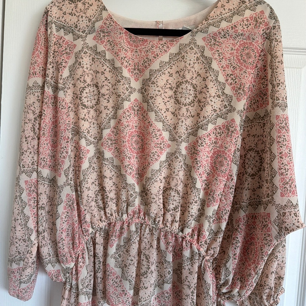 Blush Boho Peasant Blouse XL Flowy Long Sleeve Tunic Top
